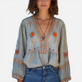 Damen Bluse mit Stickerei und V Ausschnitt