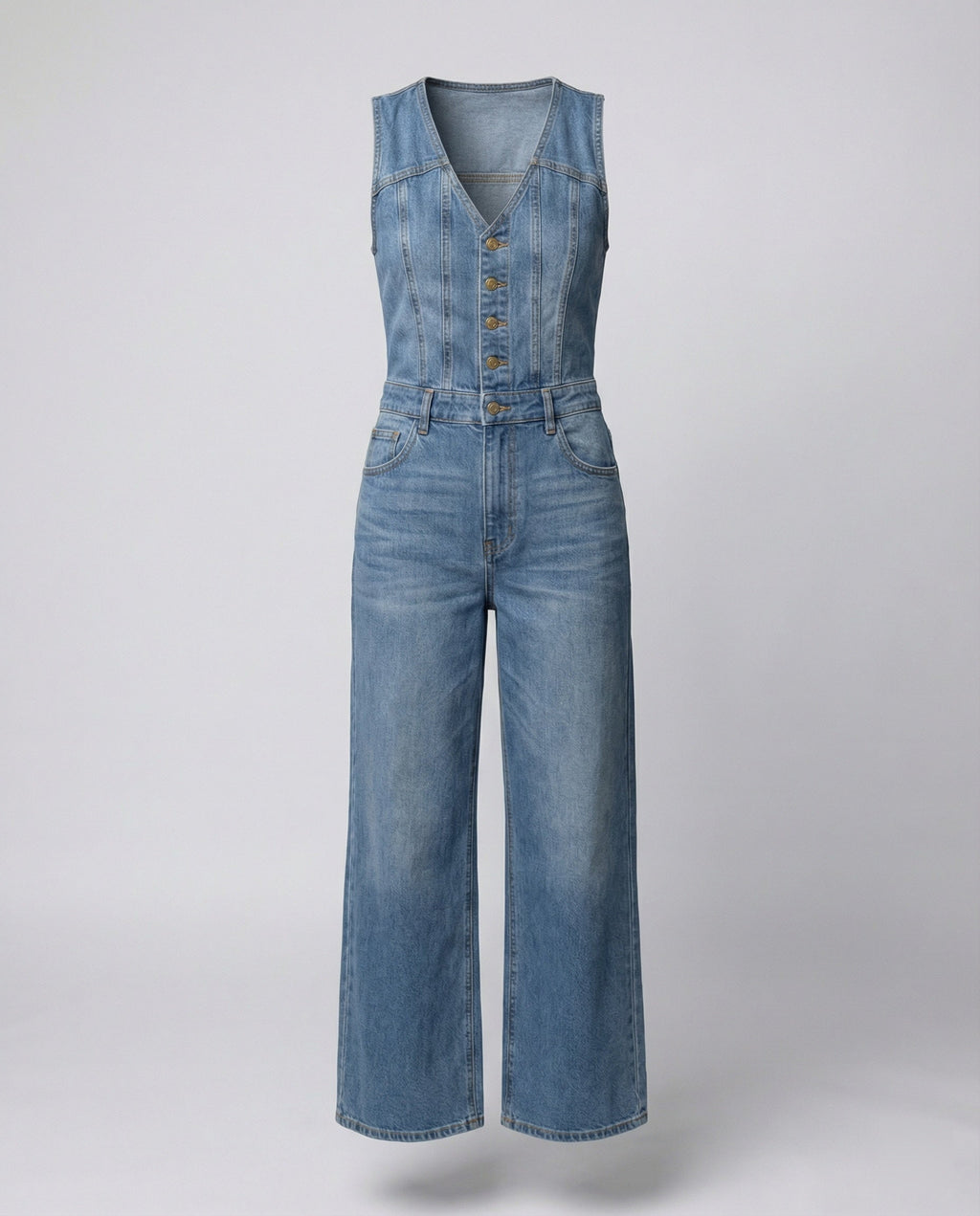 Damen Jeans Jumpsuit im ärmellosen Schnitt mit weitem Bein