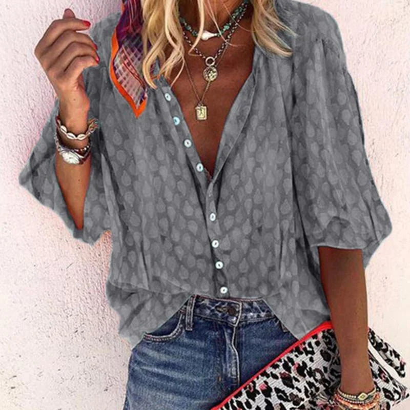 Damen V Ausschnitt Muster Knopfleiste Bluse