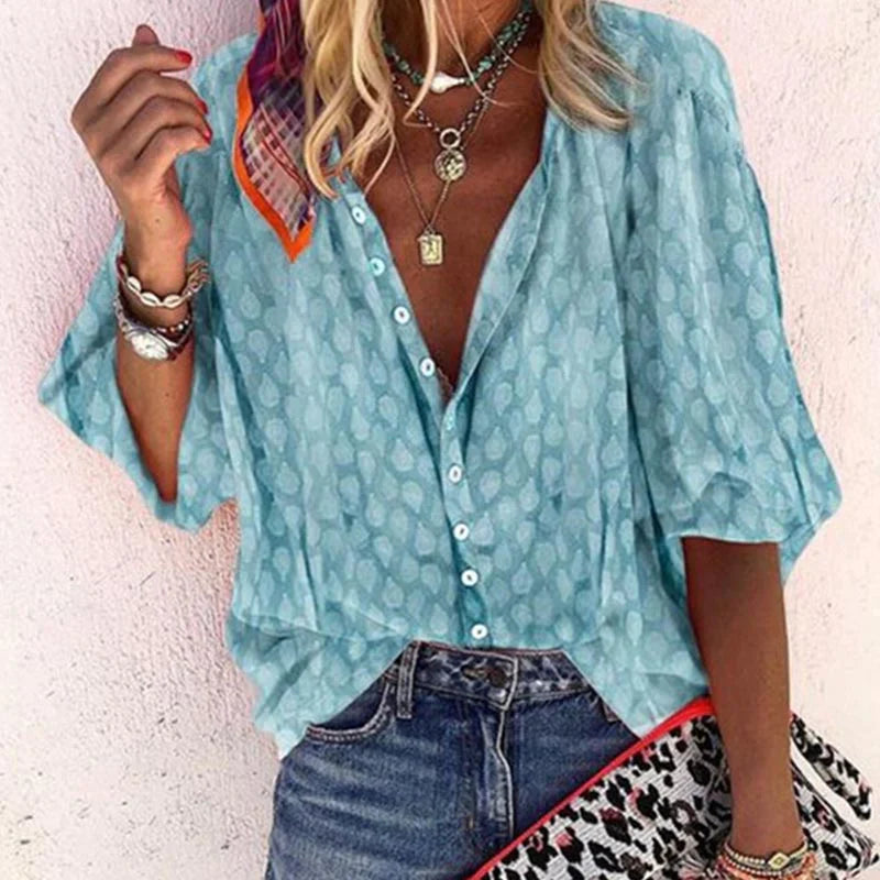 Damen V Ausschnitt Muster Knopfleiste Bluse