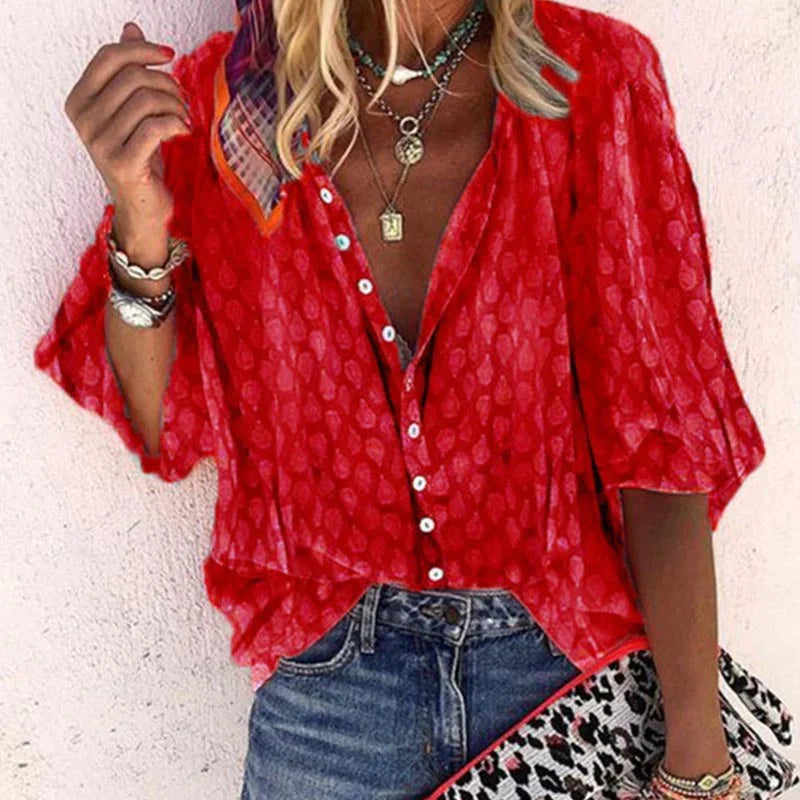 Damen V Ausschnitt Muster Knopfleiste Bluse