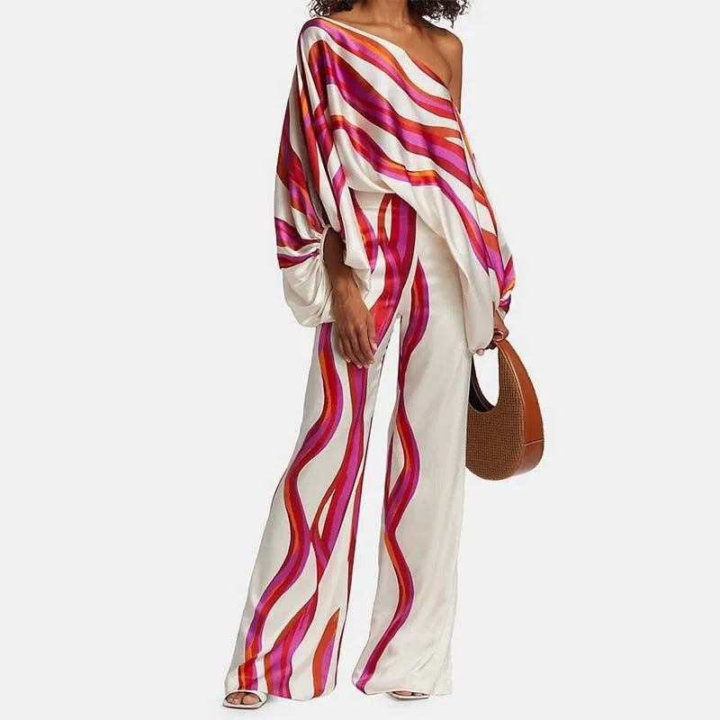 Sonia | Damen Zweiteiler Set Off-Shoulder Top Weite Hose Print