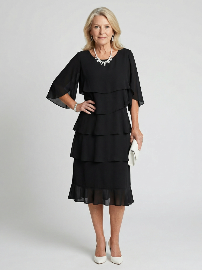 Vesperina | Damen Gestuftes Midi Kleid mit Rüschenärmeln
