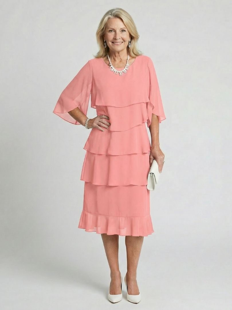 Vesperina | Damen Gestuftes Midi Kleid mit Rüschenärmeln