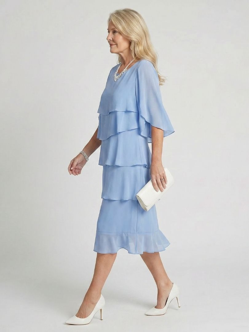 Vesperina | Damen Gestuftes Midi Kleid mit Rüschenärmeln