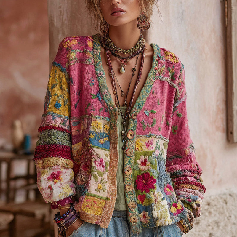 Pauline | Vintage Strickjacke mit Blumenstickerei