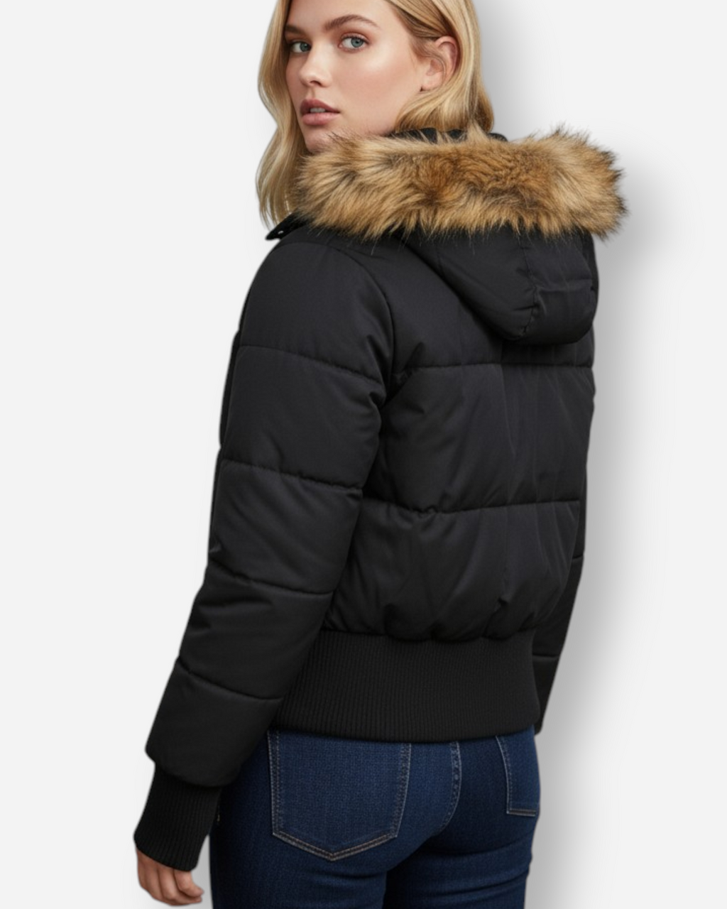 Gesteppte Winterjacke für Damen mit flauschig besetzter Kapuze und breitem Rippbund am Saum