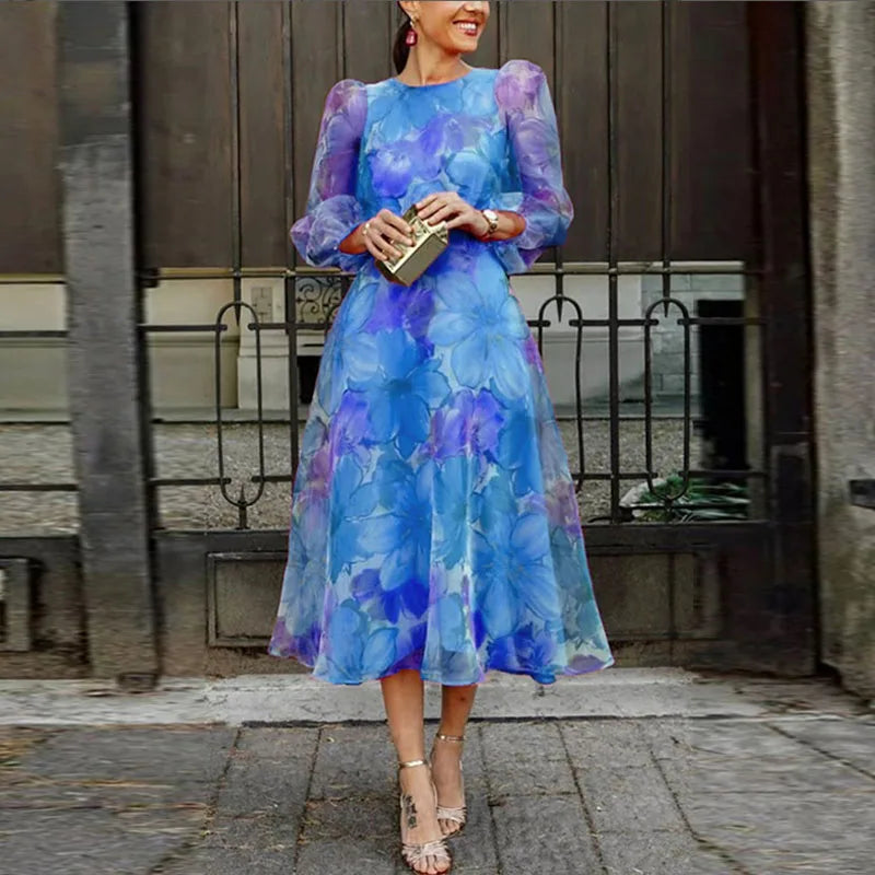 Viviana | Damen Midi Blumenkleid mit Ballonärmeln