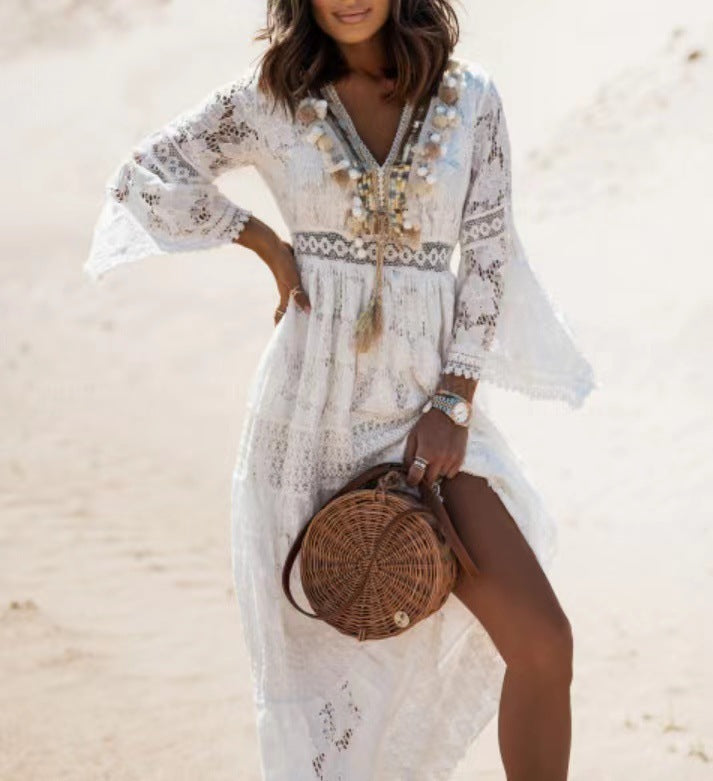 Damen Elegant Spitze Boho Maxikleid