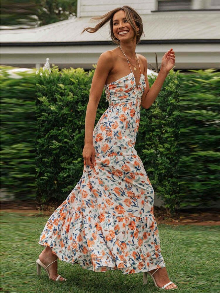 Nele | Damen Sommer Blumen Hochzeitsgast Midikleid mit V-Ausschnitt