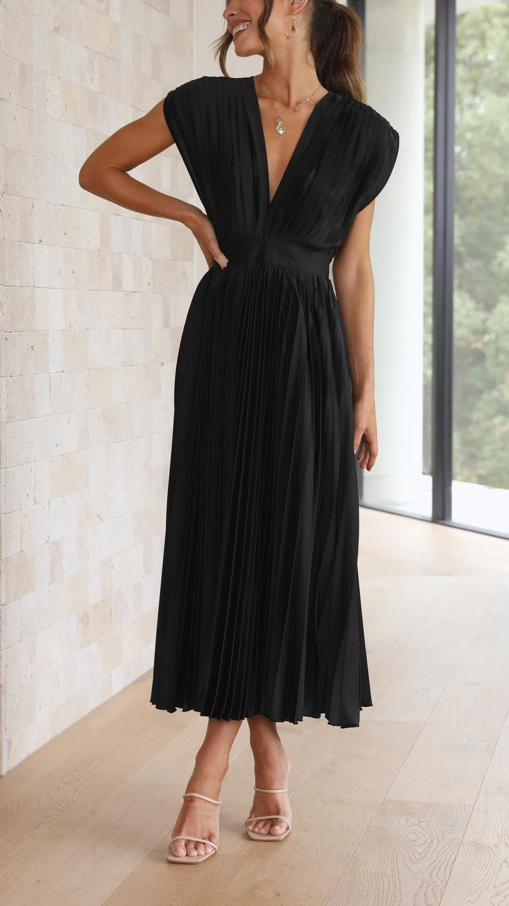 Lena | Women's Pleated V Neck Midi