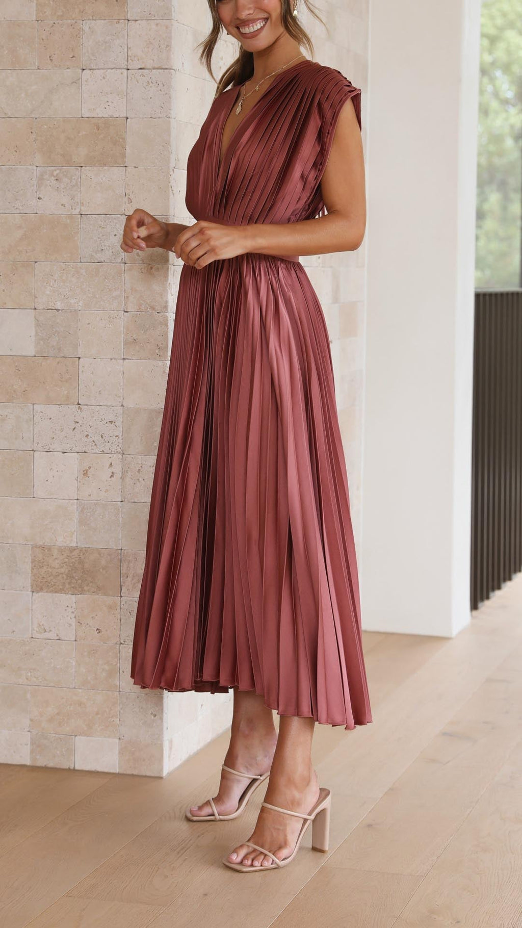 Lena | Women's Pleated V Neck Midi