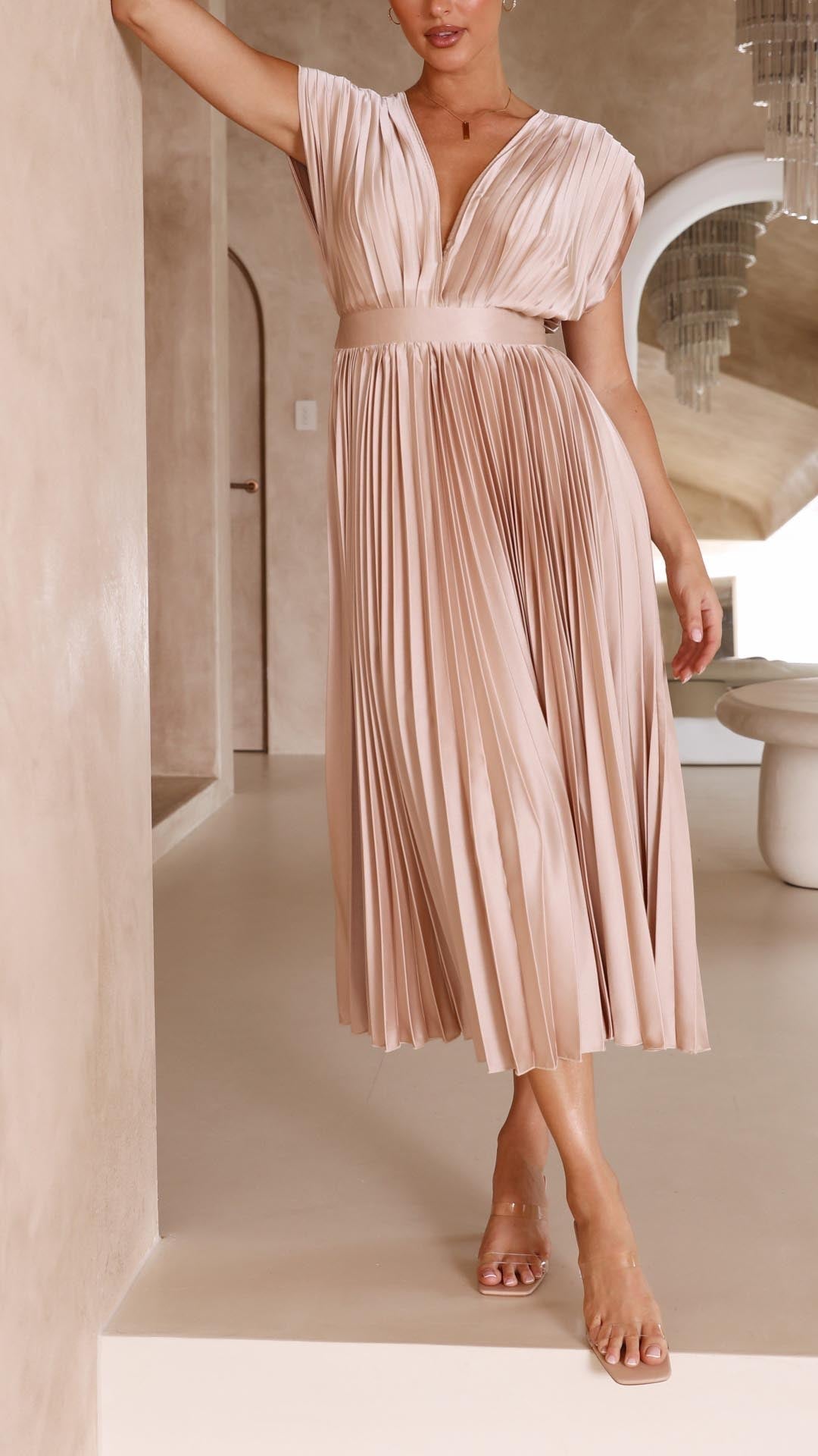Lena | Women's Pleated V Neck Midi