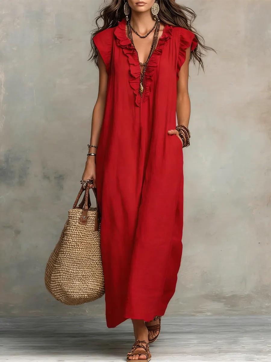 Xanthe | Damen V-Ausschnitt Rüschen Maxikleid