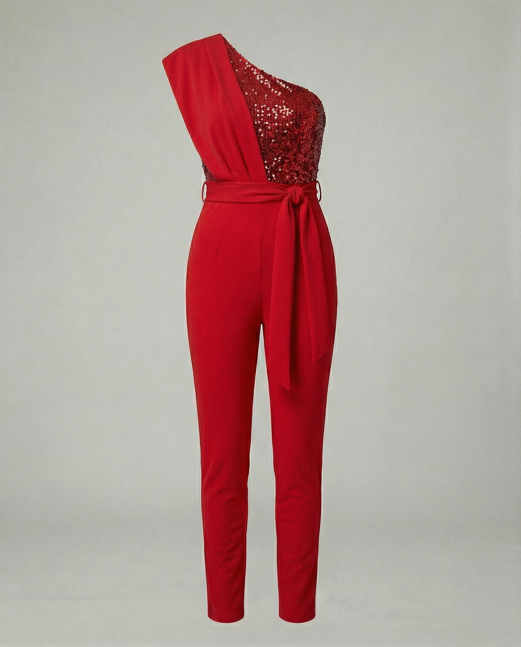 Eleganter Damen Jumpsuit im One Shoulder Schnitt mit Bindegürtel und weitem Bein