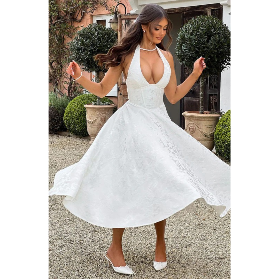 Yara | Damen Midi Kleid Für Hochzeitsgast Neckholder Stil