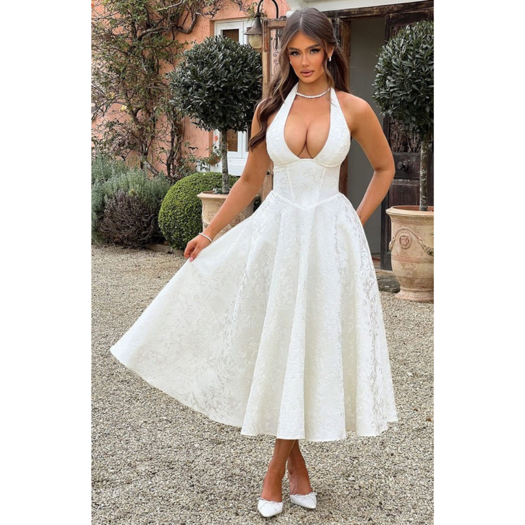 Yara | Damen Midi Kleid Für Hochzeitsgast Neckholder Stil