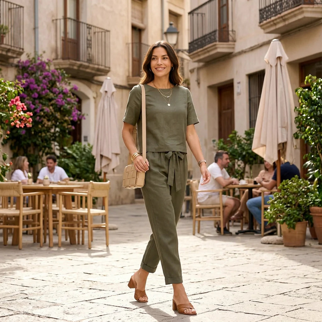 Zweiteiler für Damen mit 7/8-Hose und Kurzarm Top im Casual Stil