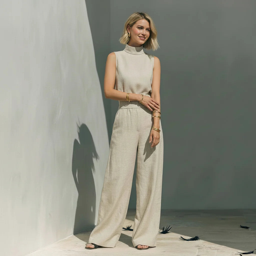 Zweiteiler für Damen mit weiter Hose und ärmellosem Oberteil im lässigen Stil