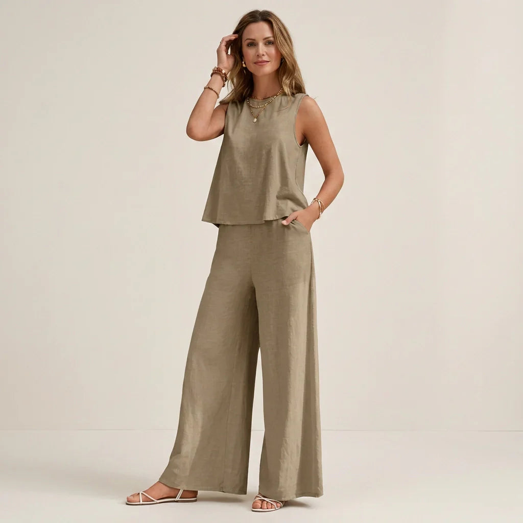 Zweiteiler für Damen aus Leinen mit weiter Hose und ärmellosem Top