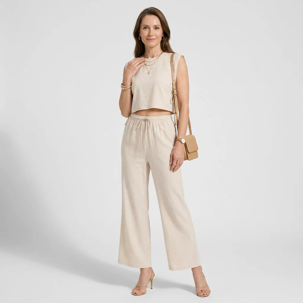 2-Teiler für Damen mit bauchfreiem Crop Top und 7/8-Schlupfhose im lässigen Stil